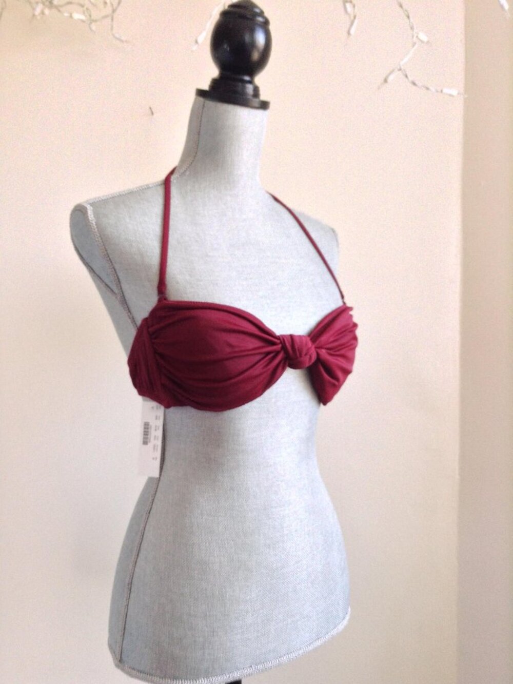 J.Crew Burgundy Red Knot-Front Bandeau /Halter Strap Bikini Top M NWT Tie Back